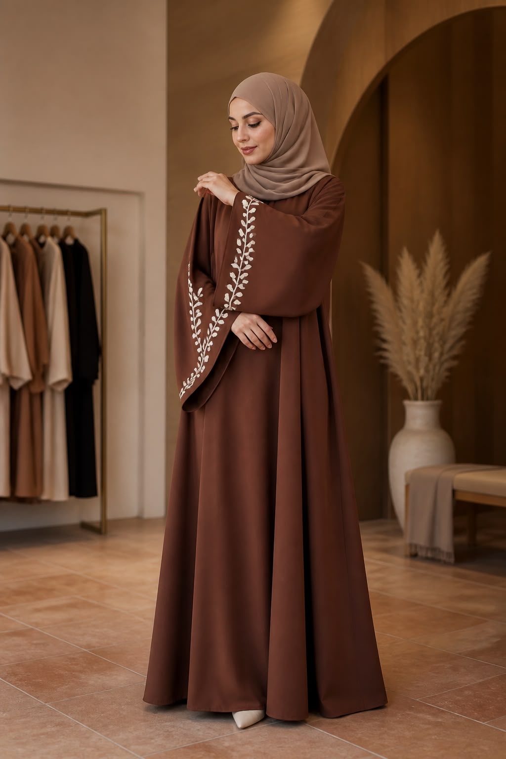 Robe marron brodée
