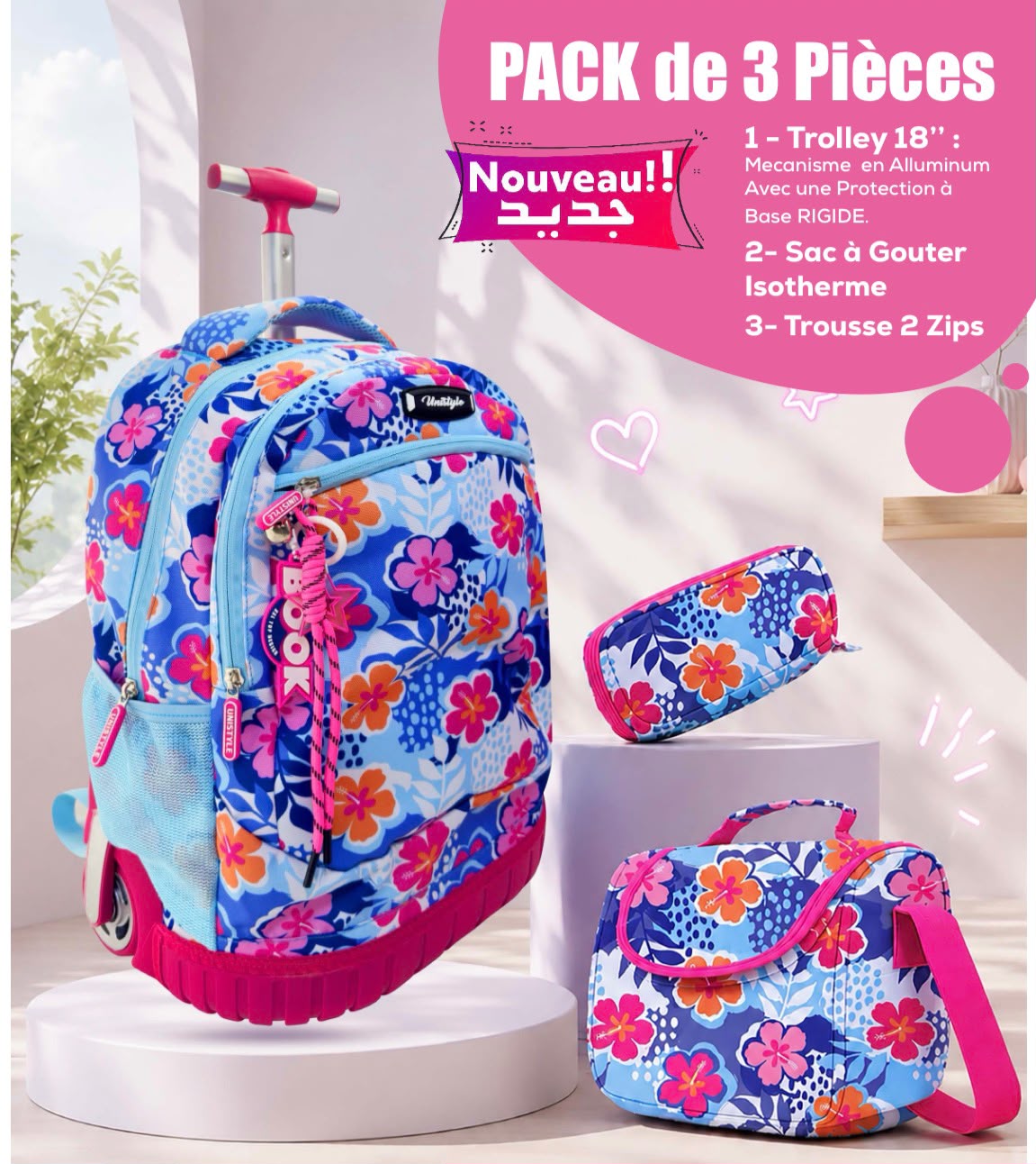 Pack trolley fleuri bleu